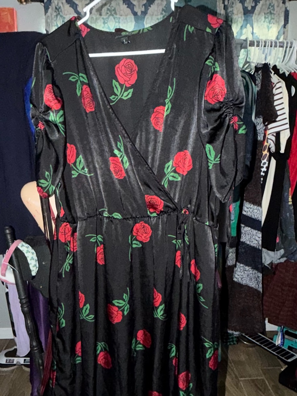 torrid Black Wrap Midi Dress with Red Rose Print - Picture 1 of 3
